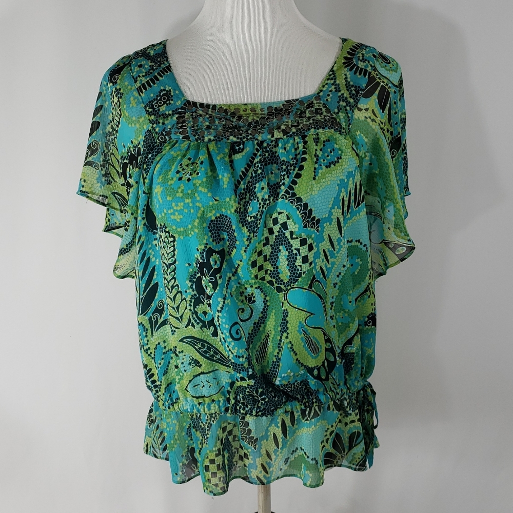 Apt9 Paisley peplum top with flutter sleeves